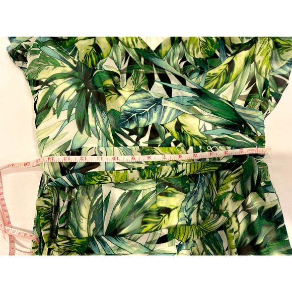 SLNY Women Asymmetrical Sheath Wrap Dress Leaf Print Tie Waist Ruffle Green SZ 6 - Picture 5 of 9
